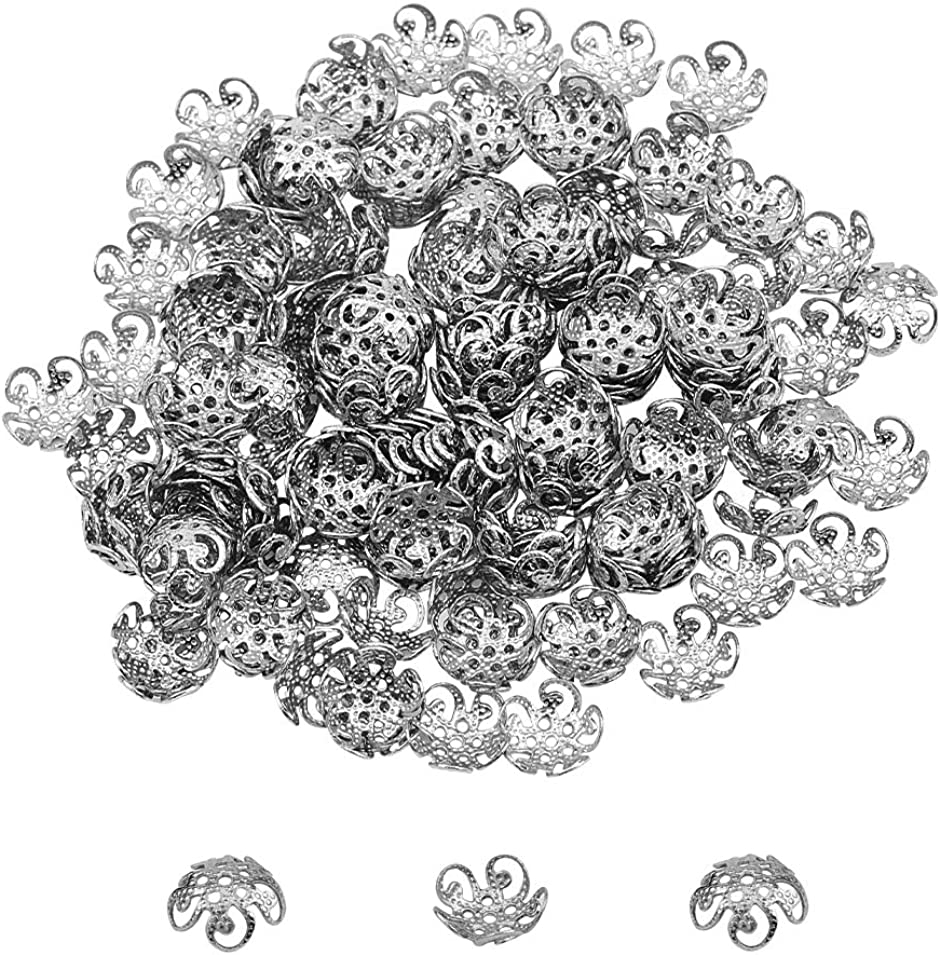 約200個 8mm 304ステンレス製ビーズキャップ キャップビーズキット 花弁キャップ( ステンレス色-約200個,  1種-8mm)