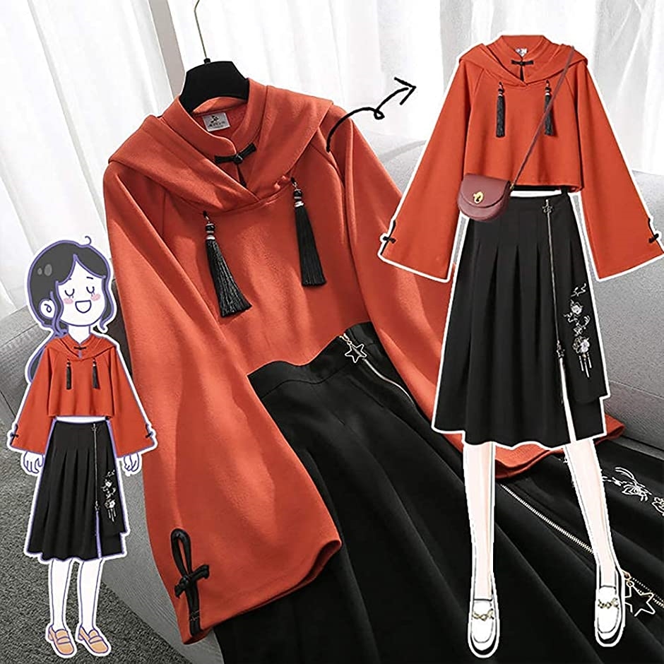 中華風 パーカー レディース フード付き 2点セット トップス + スカート チャイナ服 おしゃれ 春秋( 01 オレンジ, M)