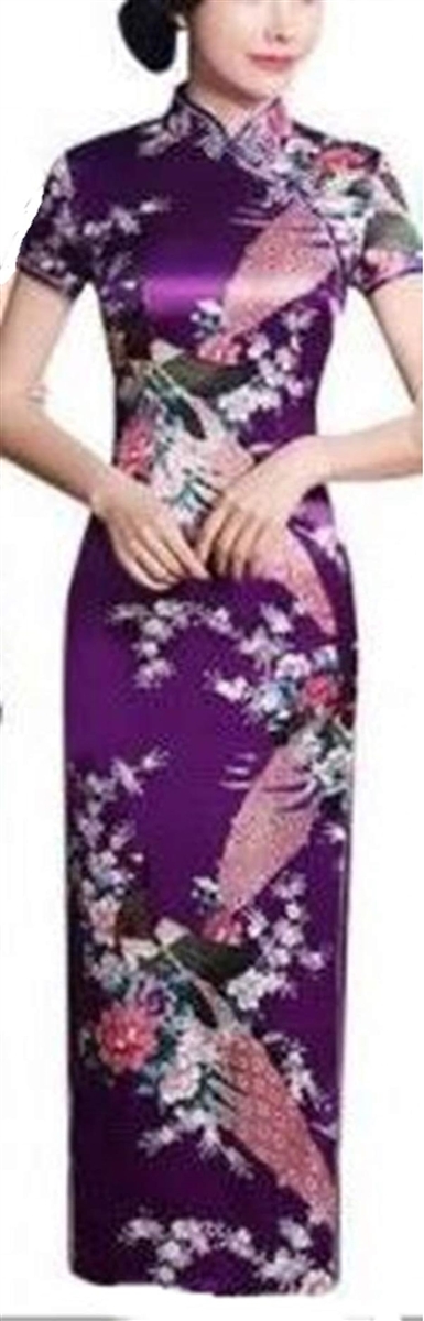 美々杏ロング丈 チャイナドレス サテン つるつる 孔雀と牡丹模様 舞台衣装( 紫,  XXL)