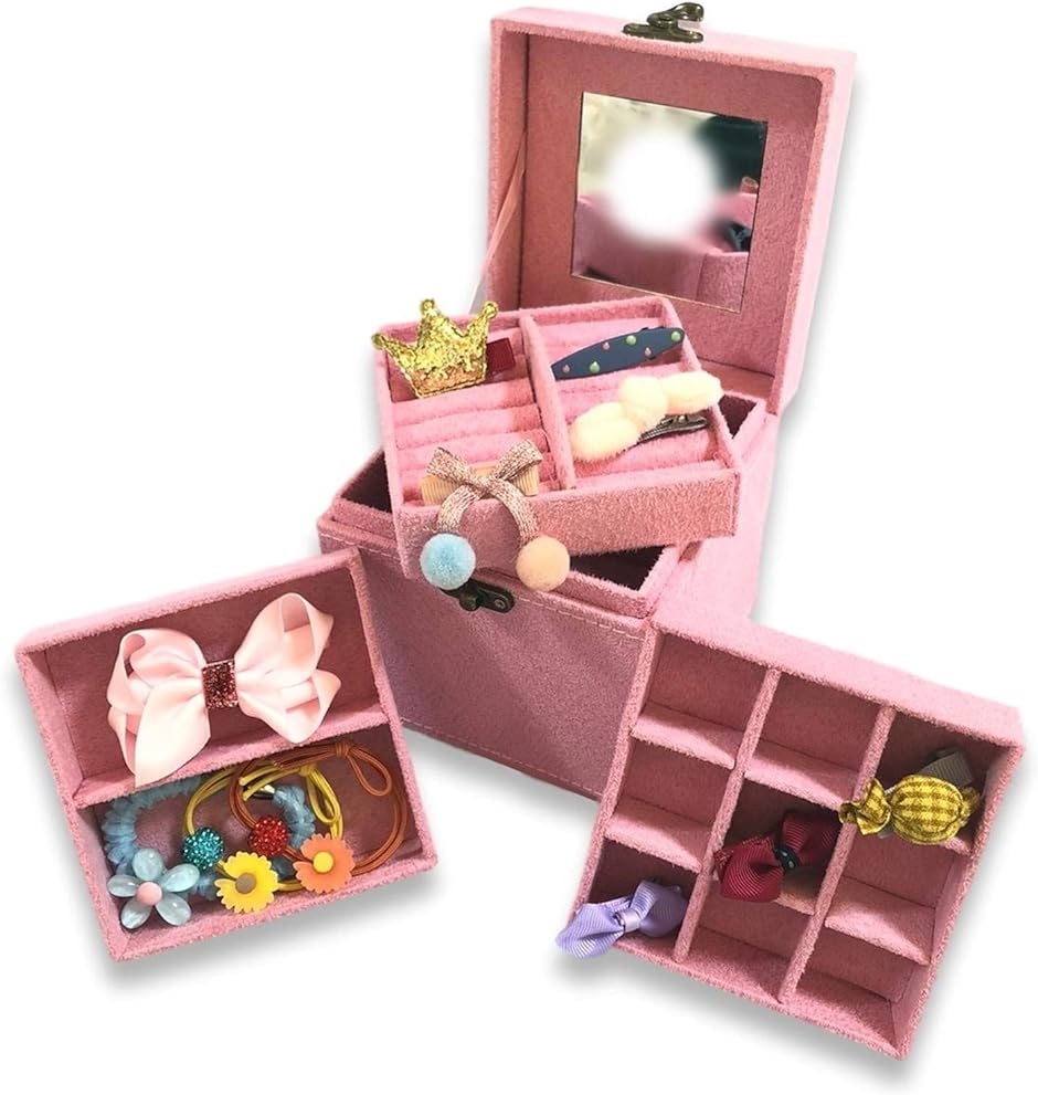 子供用 アクセサリー ケース 3段 ジュエリー ボックス 女の子 鏡付き おもちゃ 宝石箱 収納 BOX( ピンク・アクセサリー付)