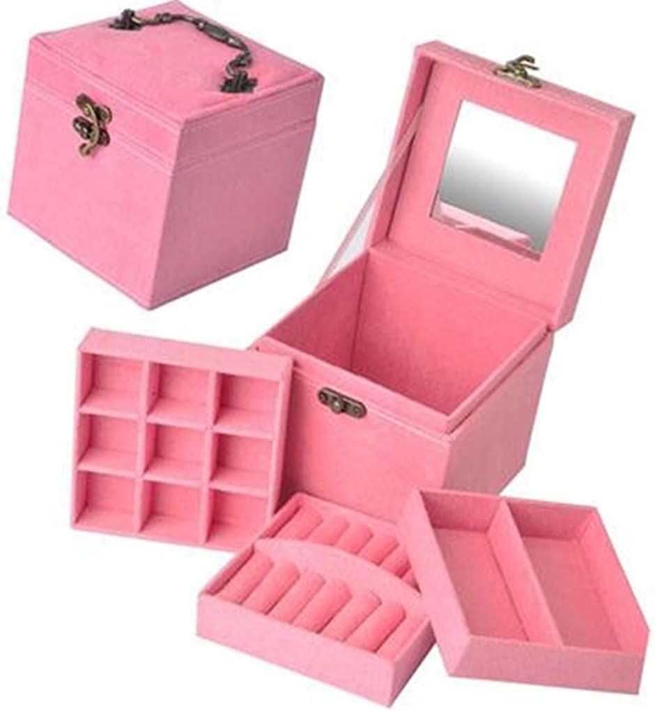 全3色 子供用 アクセサリー ケース 3段 ジュエリー ボックス 女の子 鏡付き おもちゃ 宝石箱 収納 BOX( ピンク)