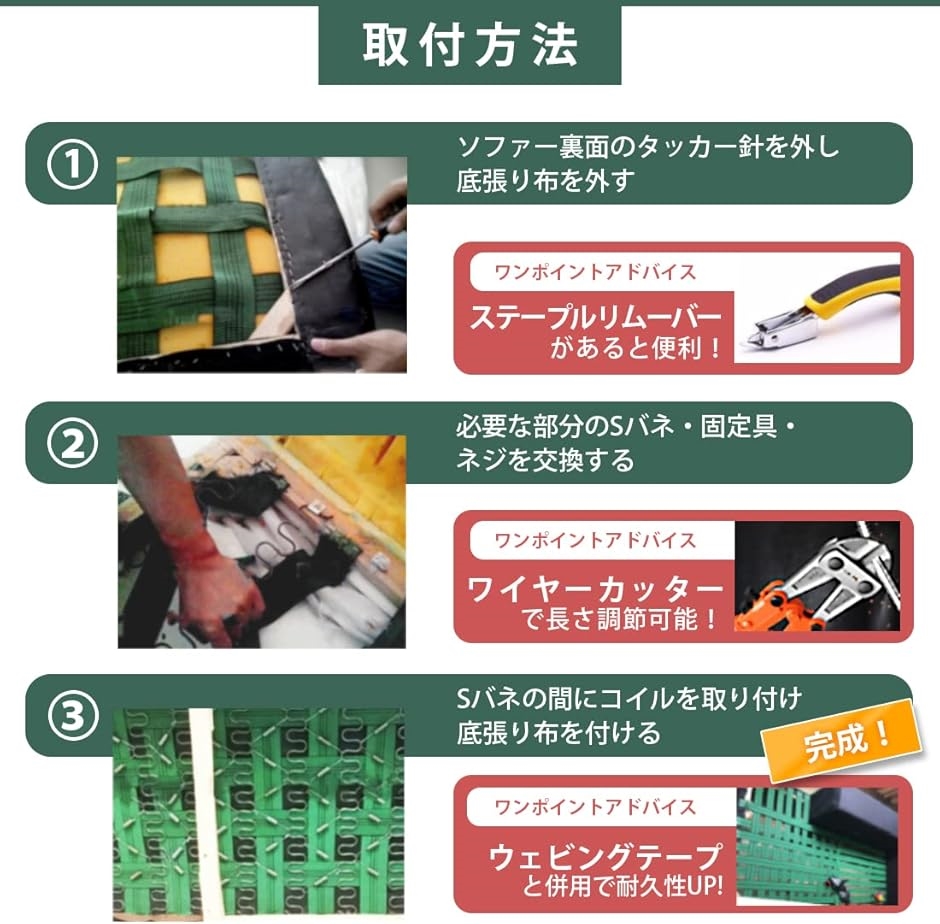 ソファー 張り替え セット Sバネ 5本 ／ 固定具 ネジ スプリング