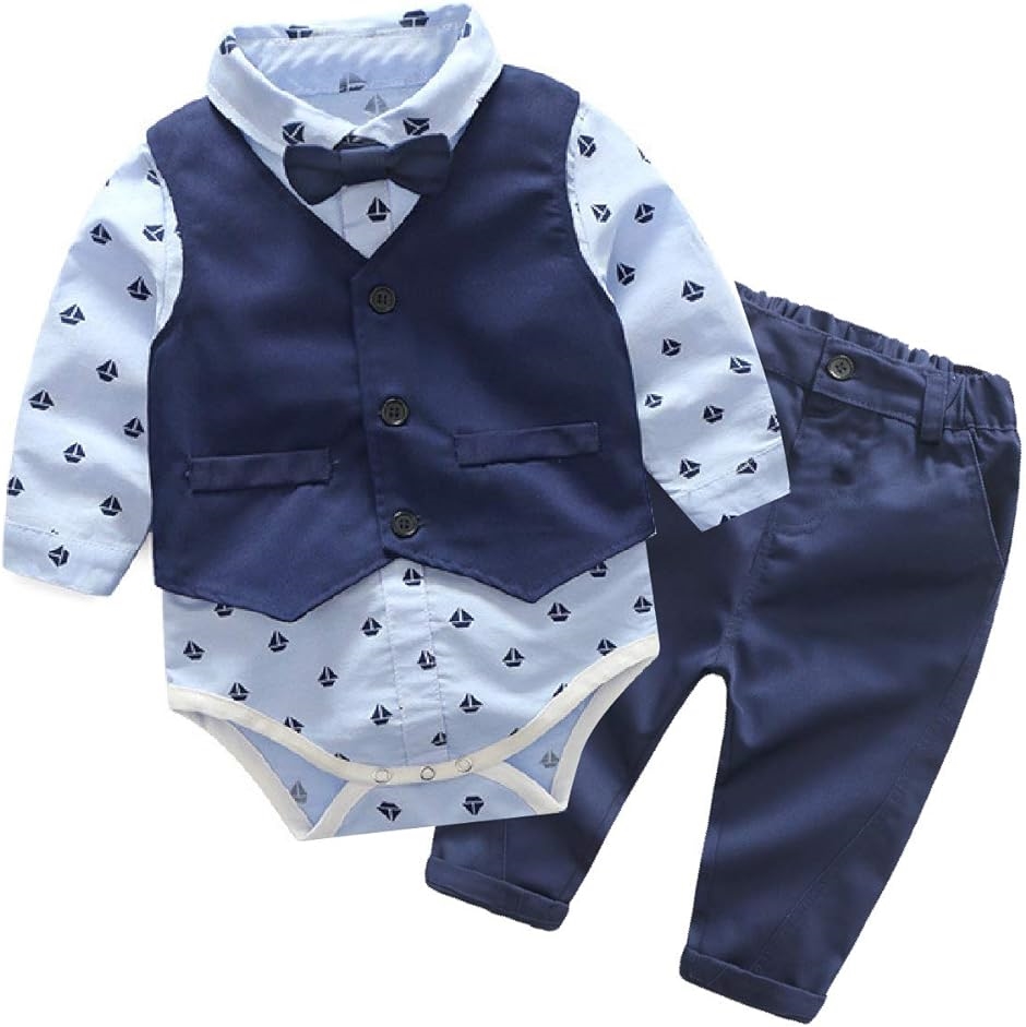 スーツ ロンパース ベビー服 フォーマル 男の子 長袖 赤ちゃん 出産祝い 90cm( ブルー,  90)