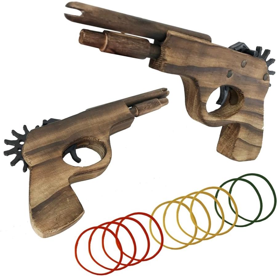 木製ゴムピストル 連射機能付き木製 鉄砲 輪ゴム ハンドガン ごっこ遊び 子供おもちゃ ガンマン( 2個セット)