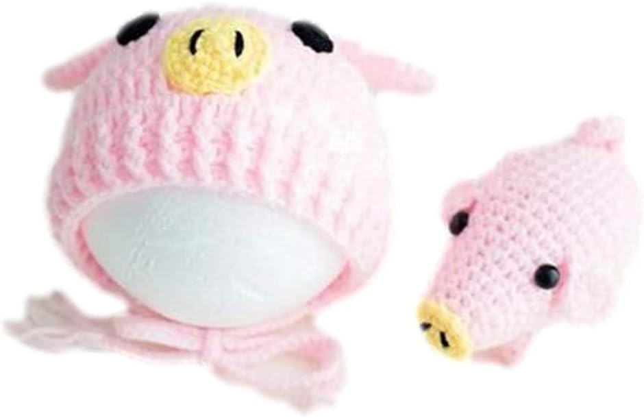 ニューボーンフォト 衣装 小物 豚 ニット帽子 2点セット 桃色 0-3ヶ月用 月齢フォト 着ぐるみ ベビー 出産祝い( ピンク 2点)
