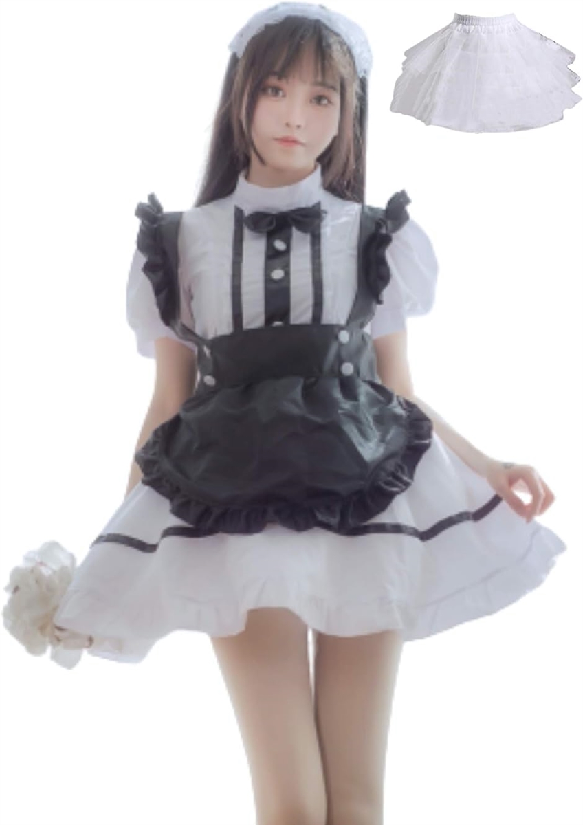 メイド 服 ゴスロリ パニエ 付き 黒 エプロン カチューシャ リボン 5点 セット ハロウィン MDM( ブラック＆ホワイト,  L)