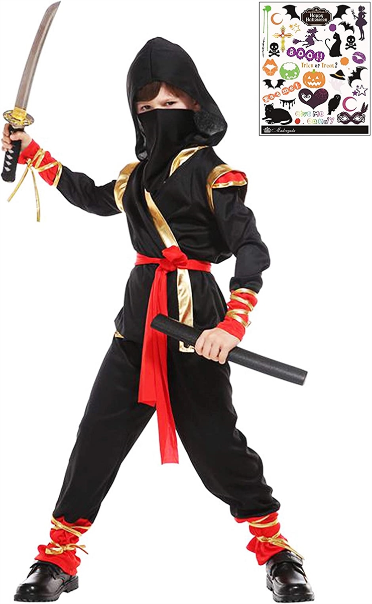 忍者 本格 黒装束 キッズコスチューム ハロウィン タトゥーシール付き 2点セット 男の子 S729 XL( 黒,  XL)｜horikku
