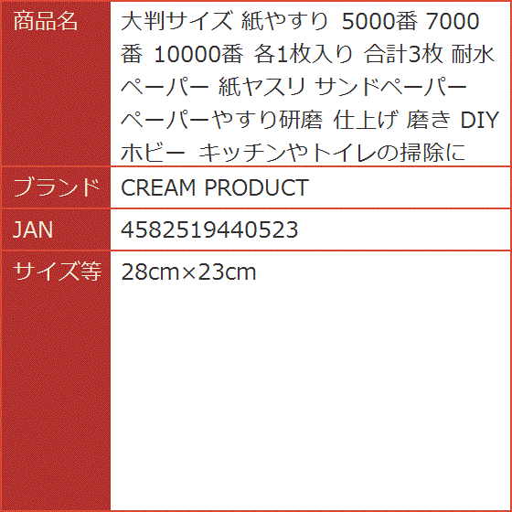 大判サイズ 紙やすり 5000番 7000番 10000番 各1枚入り 合計3枚 耐水