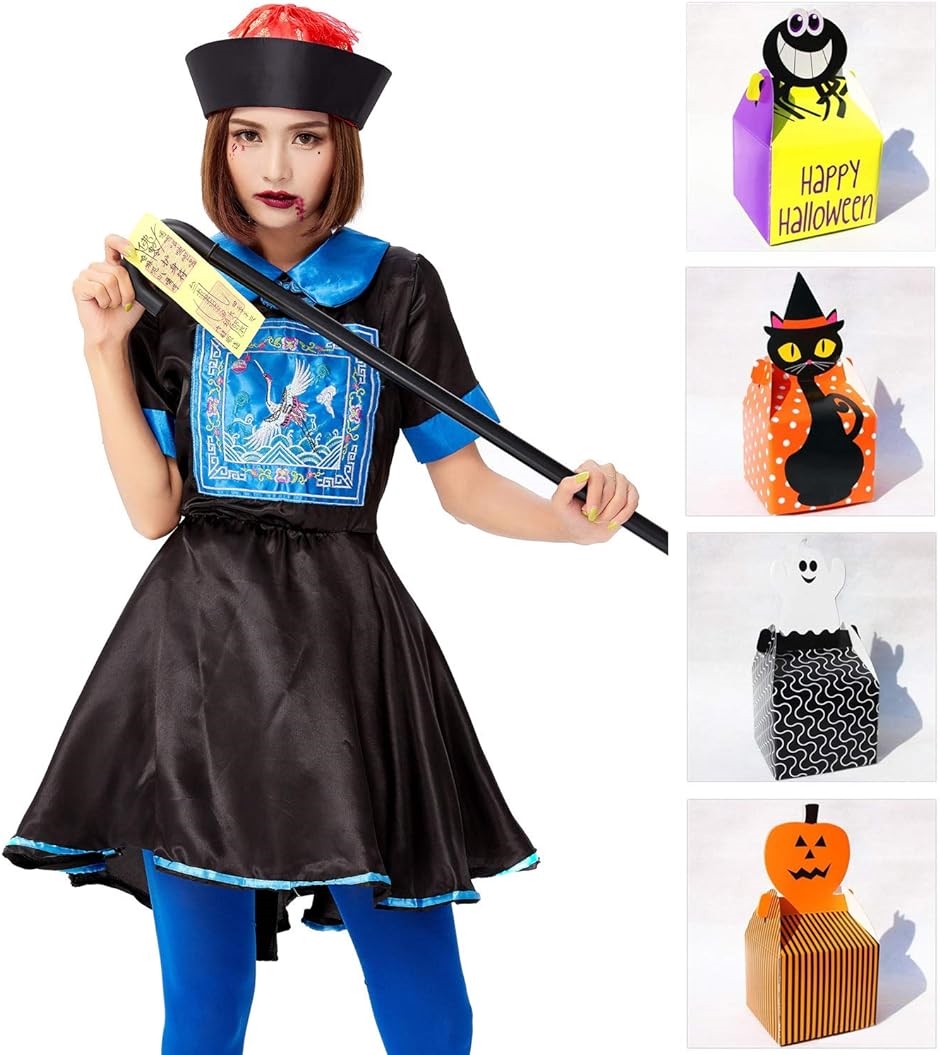 Yahoo! Yahoo!ショッピング(ヤフー ショッピング)キョンシーガール コスプレ Mサイズ ６点セット ワンピース 帽子 お札 傷フェイクシール（ 黒＆青,  キョンシー（Mサイズ））