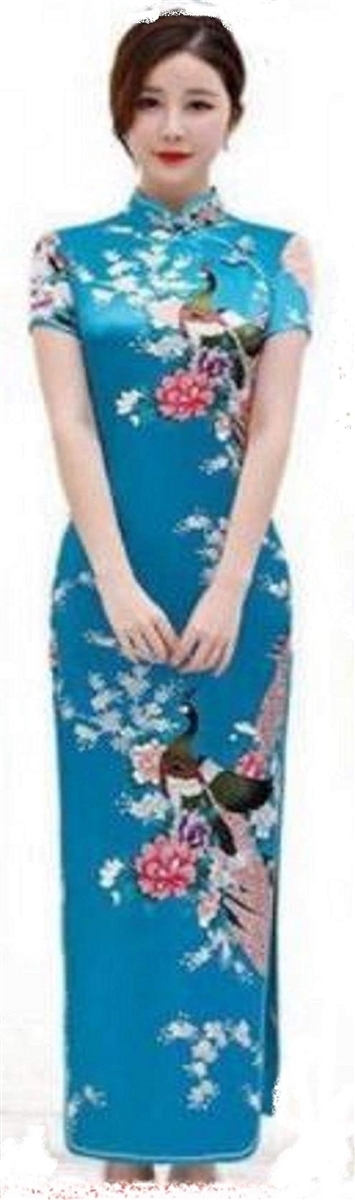 美々杏ロング丈 チャイナドレス サテン つるつる 孔雀と牡丹模様 舞台衣装( ブルー,  XXXL)