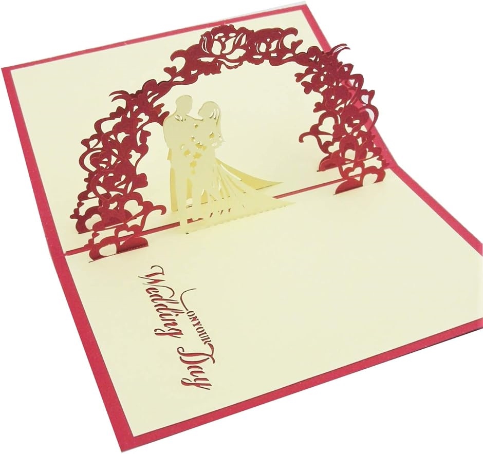 メッセージカード 結婚祝い 立体 グリーティングカード 3D ポップアップ お祝い 封筒付き シール( レッド-結婚式1)