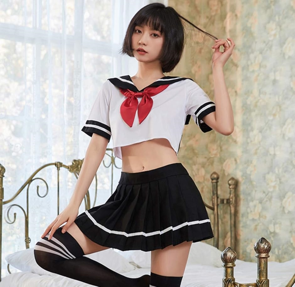 レディレイジー セクシー セーラー服 コスプレ 制服 へそ出し ミニスカート 黒赤( レッド/ブラック, Free Size)