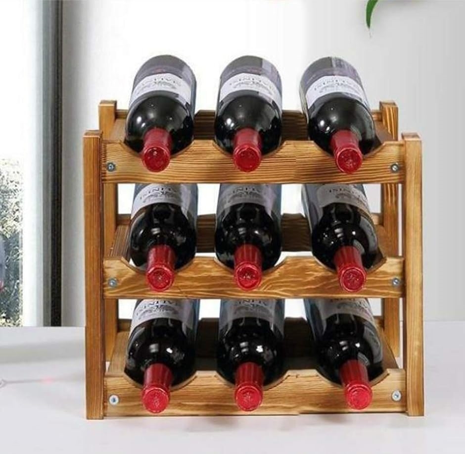 木製 ワインラック ワインホルダー シャンパン ボトル ウッド 収納 ケース スタンド インテリア(9本用収納・3段/ダークブラウン