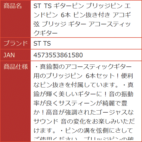 ギターピン ブリッジピン エンドピン 6本 ピン抜き付き アコギ 弦