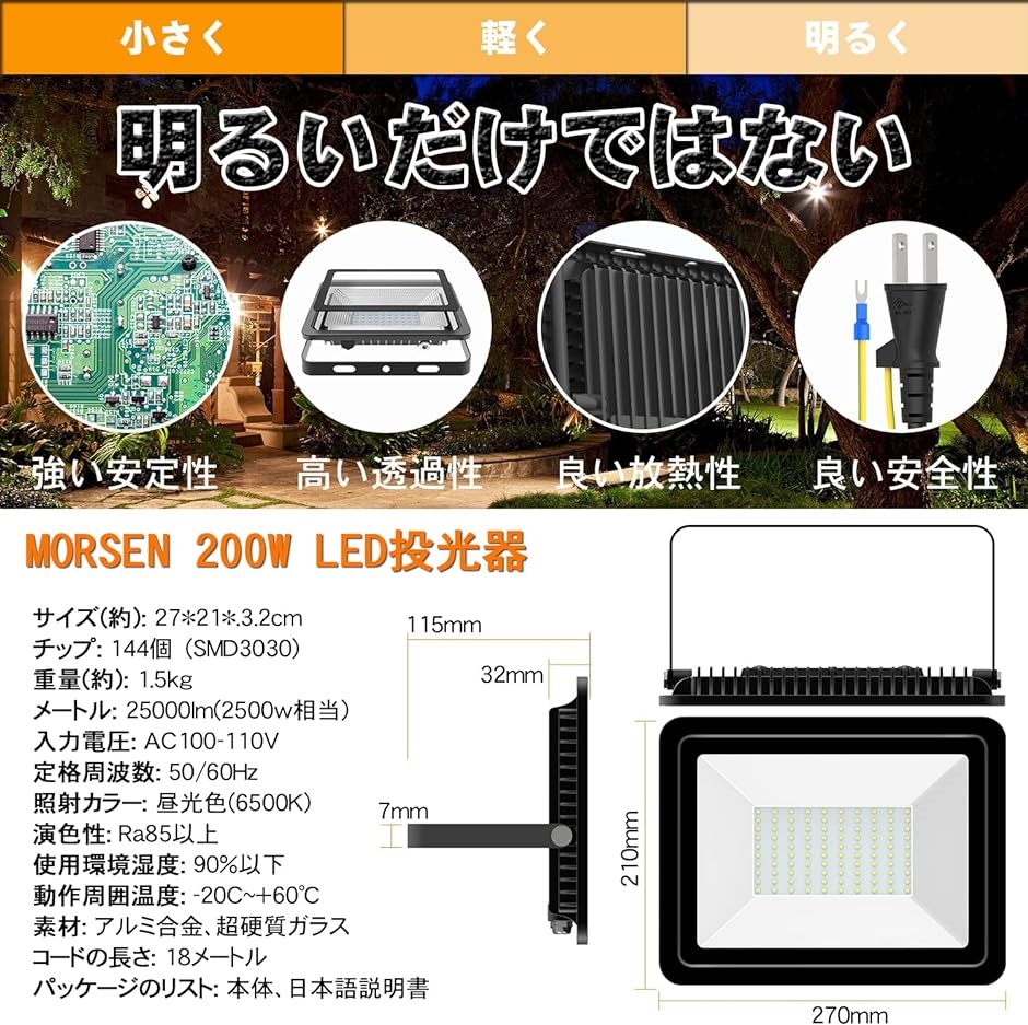 led投光器 LED作業灯 3000ｗ相当 SMD チップ 20000LM 1.8コード 昼光色( 昼光色6500K,  200W)｜horikku｜07