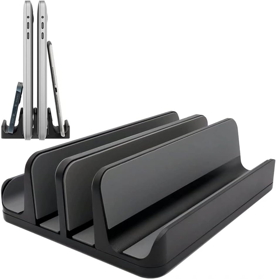 ノートパソコン スタンド PCスタンド 縦置き 4台収納 ホルダー幅調整可能 アルミ合金素材 Vertical Laptop ＆( 黒)