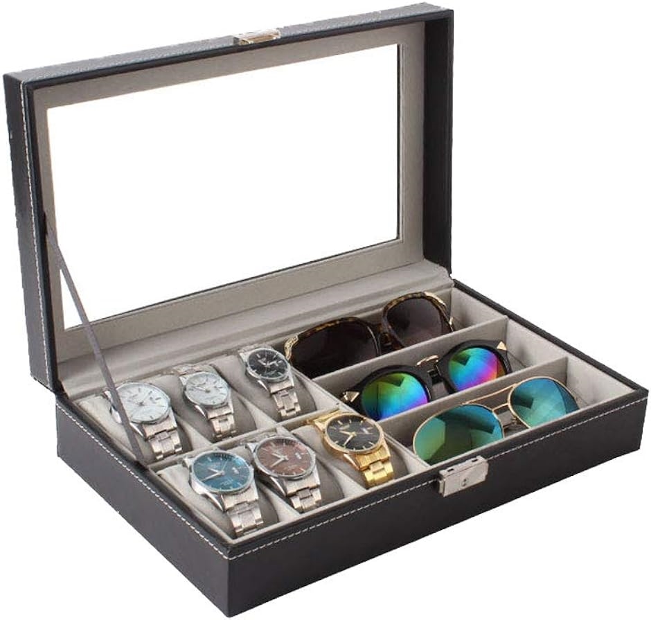 メガネ サングラス 腕時計 収納 ケース 大容量ボックス おしゃれ 大きめ( ブラック,  時計6本＋メガネ3本用)