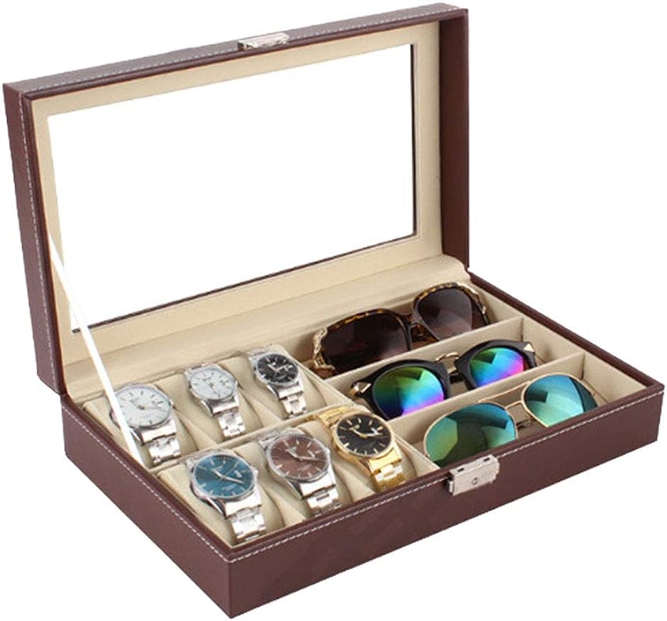 メガネ サングラス 腕時計 収納 ケース 大容量ボックス おしゃれ 大きめ( ブラウン,  時計6本＋メガネ3本用)｜horikku