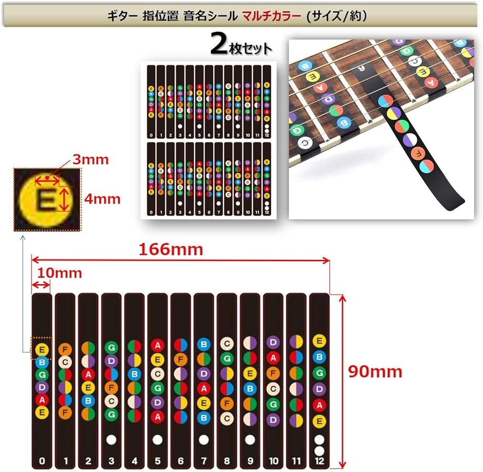 XPデザイン ギター 指板 練習 フレット シール ステッカー スケール ギターコード ギター指板シール(マルチカラー)