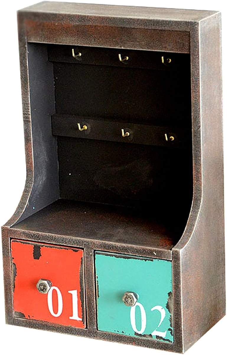 ビンテージ風 木製 キーボックス 壁掛け 小物入れ 付き アンティーク調 収納 引き出し 鍵箱 キーケース インテリア雑貨( Aタイプ)