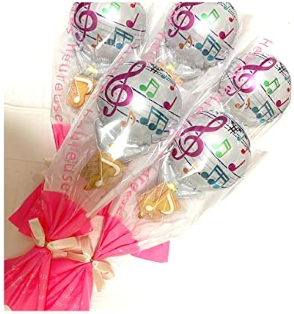 発表会バルーンブーケ5個セット かわいらしい音符クッキー付き(音符クッキー付き5個セット (音符ピンク))