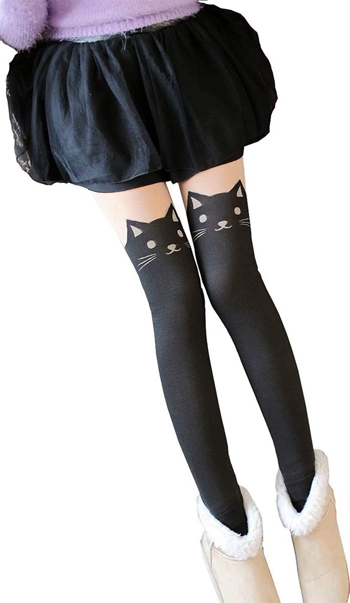ほっこり 防寒 かわいい ニーハイ柄 ストッキング フリーサイズ( 猫柄