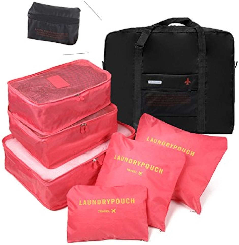 トラベルポーチ 旅行ポーチ ６＋１点 スーツケース取付可 折畳み バッグ セット 衣類 整理 収納 366( (2)赤色,  M)