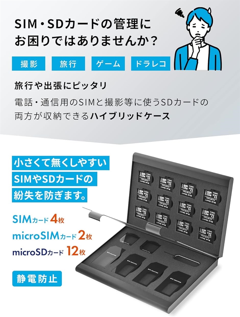 SIMカード・SDカードケース 2in1 ハイブリッド 万能 合計18枚収納SIM4枚 + microSIM2枚 アルミ( ブルー)｜horikku｜02