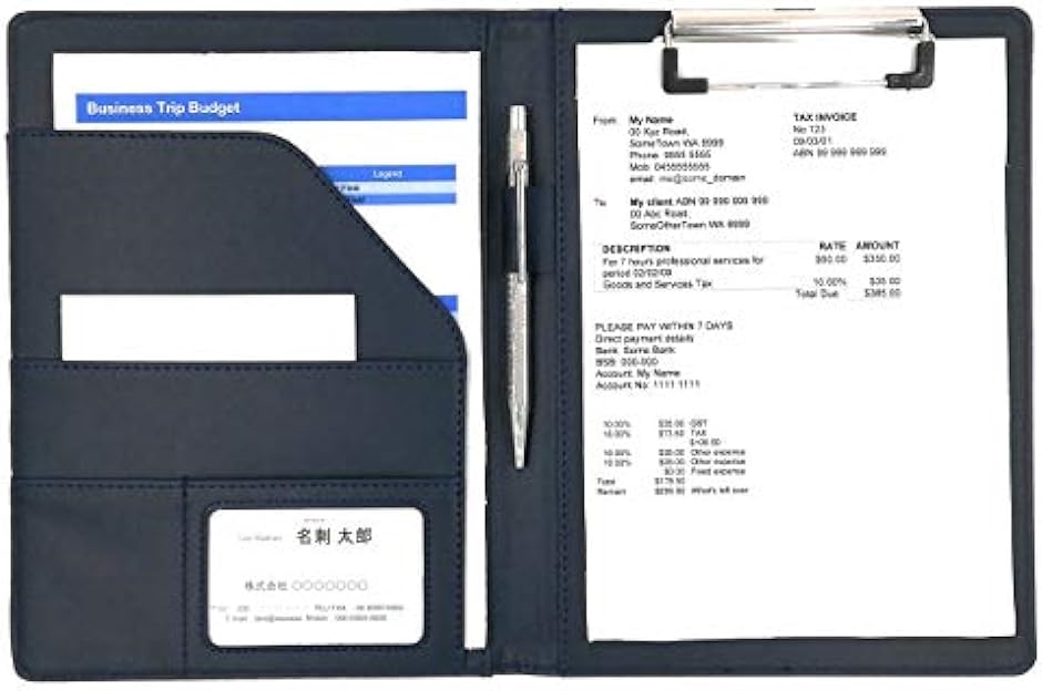 PU レザー クリップ ボード ファイル サイズ 書類 フォルダ バインダー カード ポケット ペン ホルダー 搭載( 紺,  A5)