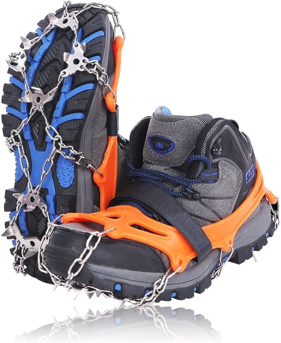 プロ登山家監修 アイゼン チェーンスパイク 19本爪 雪山 トレッキング 簡単装着 M( オレンジ,  M（23.0〜25.0cm）)