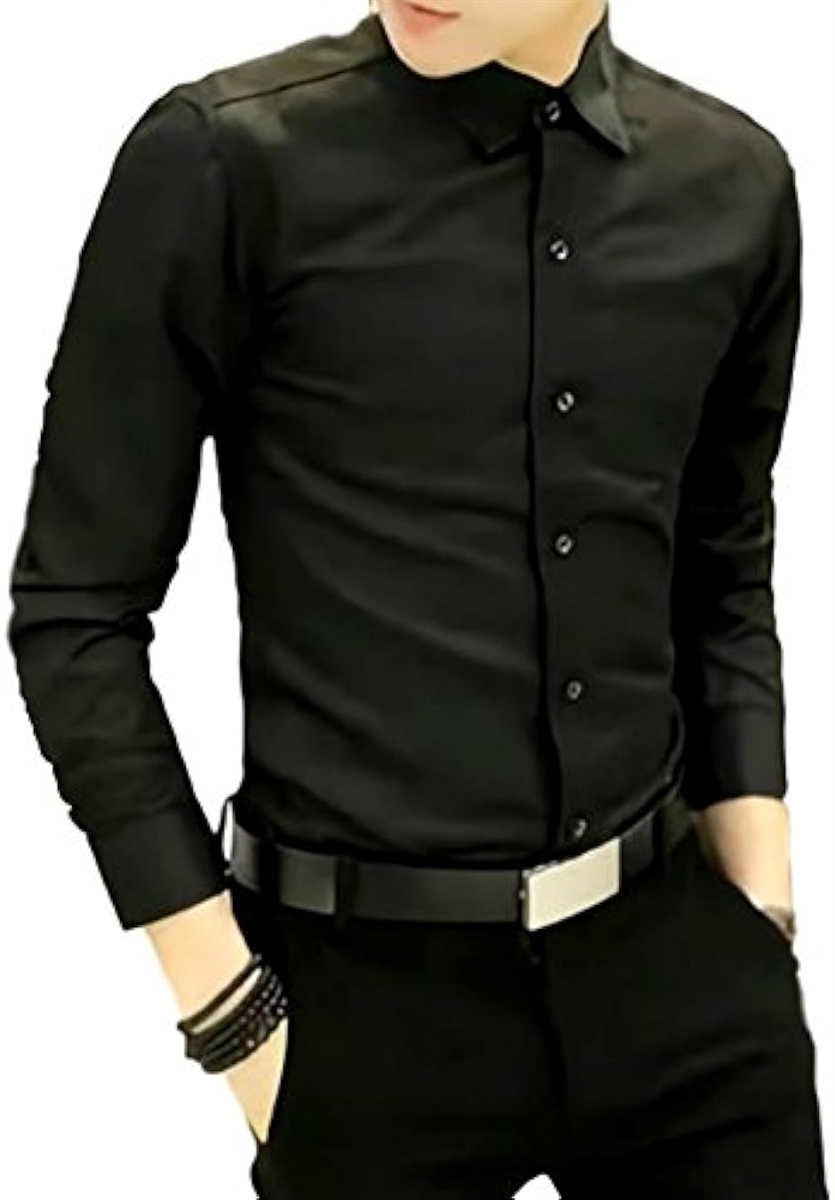 メンズ シャツ 長袖 カジュアル ワイシャツ 大きいサイズ 無地 ビジネス スリム MDM( ブラック,  4XL)｜horikku