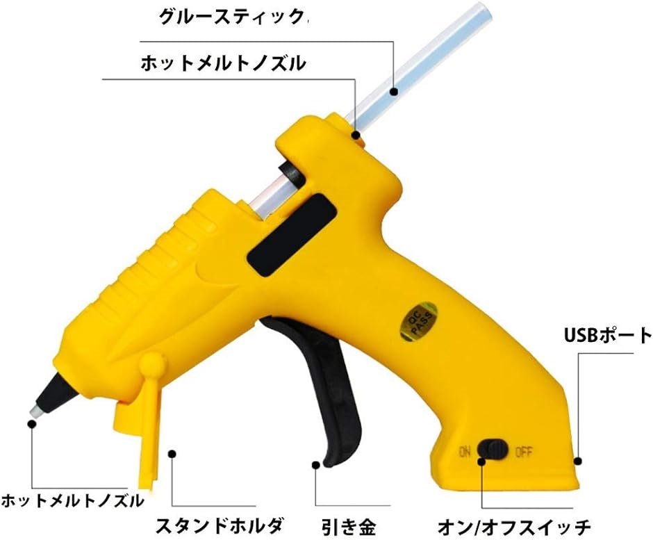 グルーガン 小型 コードレス USB充電式 高温タイプ スタンド機能付 接着剤 DIY工具 グルースティック30本入( イエロー)｜horikku｜02