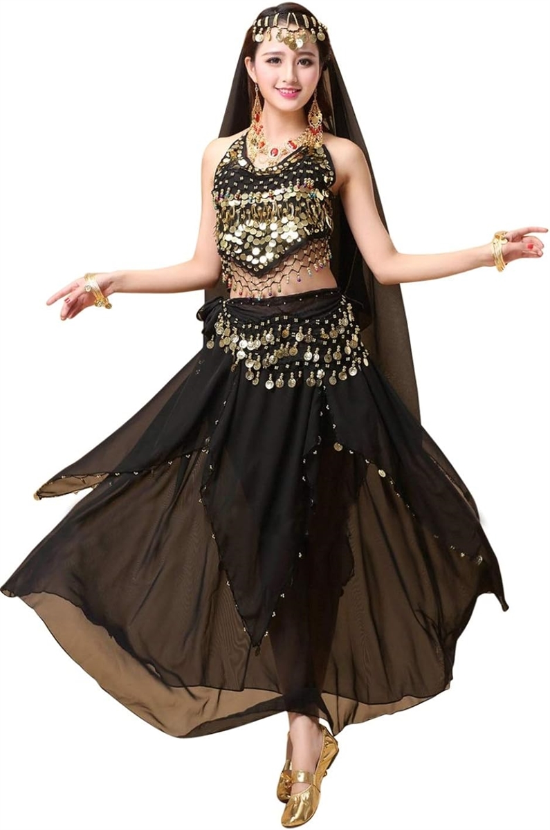 ベリーダンス 衣装 4点 インドダンス アラブ 女王 アラジン コスプレ 民族衣装 イベント e713( ブラック)