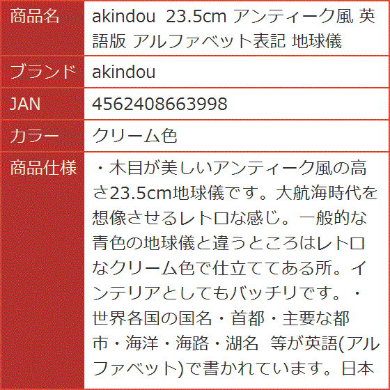 23.5cm アンティーク風 英語版 アルファベット表記 地球儀( クリーム色)｜horikku｜10