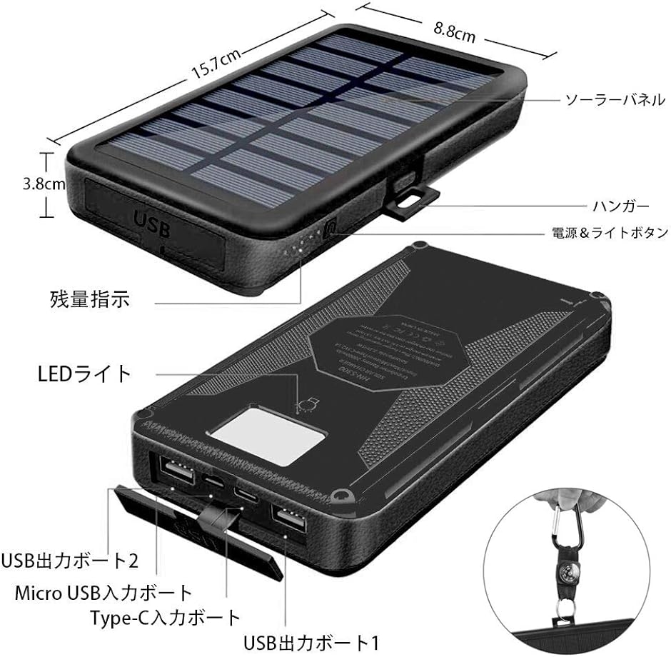 20000mAh ソーラーチャージャー モバイルバッテリー 携帯 急速充電( ブラック,  15.7 x 8.8 x 3.8cm)｜horikku｜08