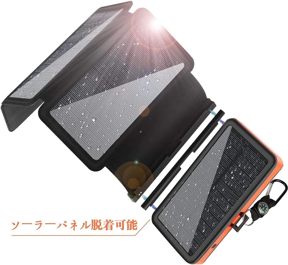 ソーラーチャージャー モバイルバッテリー 20000mAh ソーラー充電器 携帯 急速充電 スマホ充電器 4枚ソーラーパネル 太陽光発電｜horikku