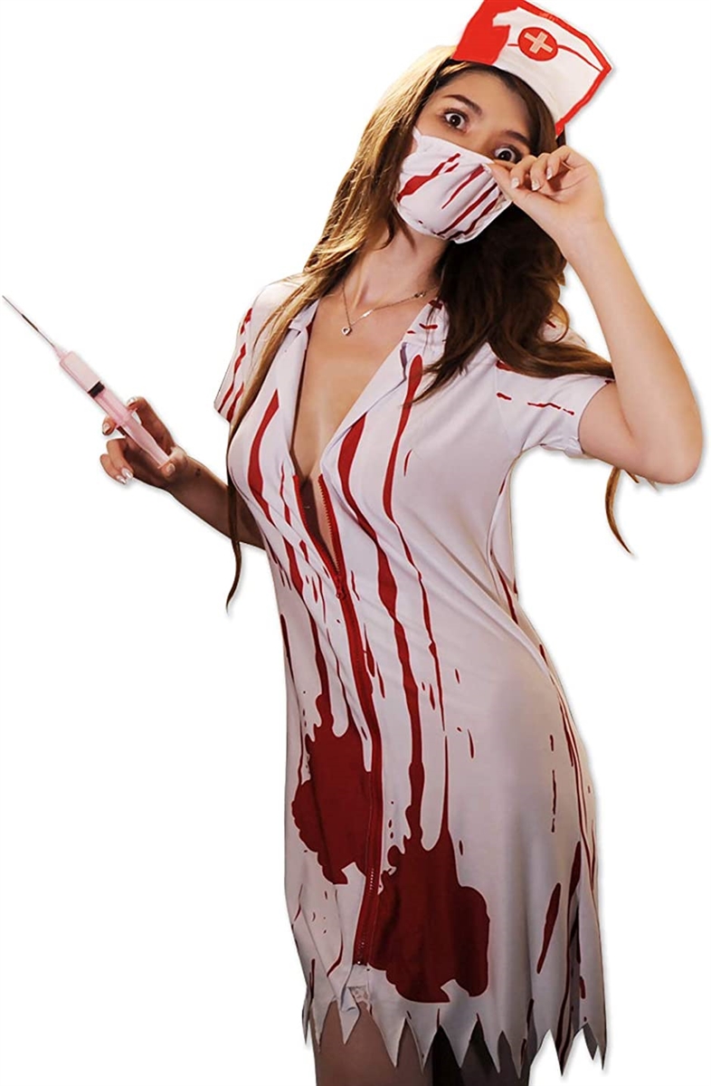 白衣 ゾンビ 看護師 ナース コスプレ 衣装 毎年 ハロウィン で人気定番 コスチューム メンズ レディース( ゾンビのナース)