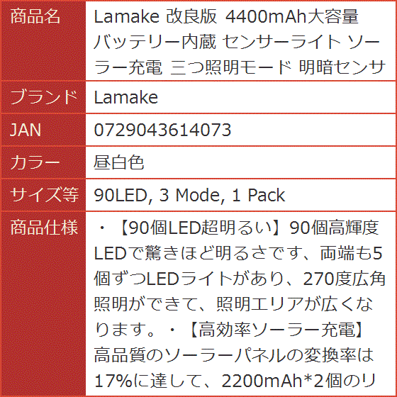 改良版 4400mAh大容量バッテリー内蔵 センサーライト ソーラー充電 MDM