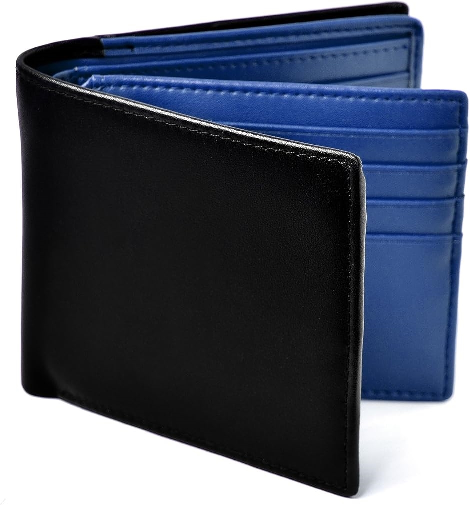 二つ折り 財布 本革 大容量 カード 18枚収納 新設計のボックス型小銭入れ メンズ ブラックxブルー MDM( ブラック/ブルー)｜horikku