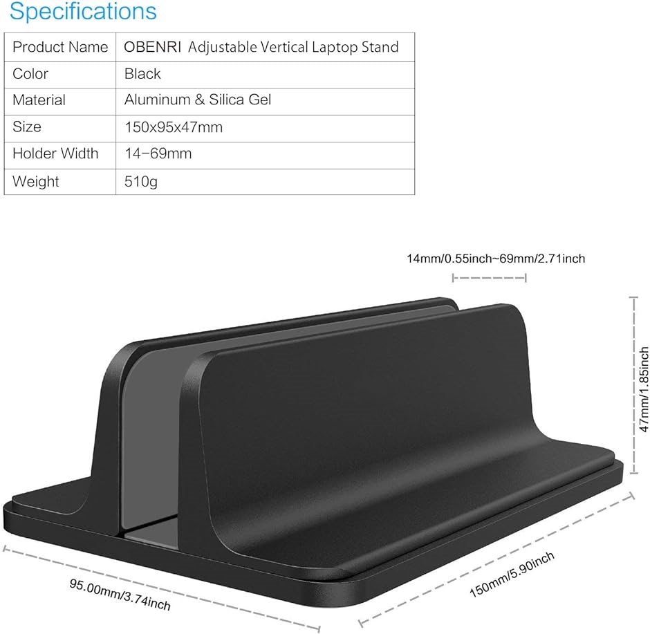 ノートパソコン スタンド 縦置き 収納 ホルダー幅調節可能 アルミ合金素材 Vertical Laptop Stand ＆( ブラック)｜horikku｜03