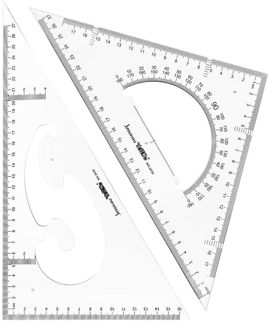 三角定規 30cm 製図 セット 大きい 受験用 三角スケール 定規セット 幾何学 文房具 事務用 作図ツール 製図用品( 透明)｜horikku