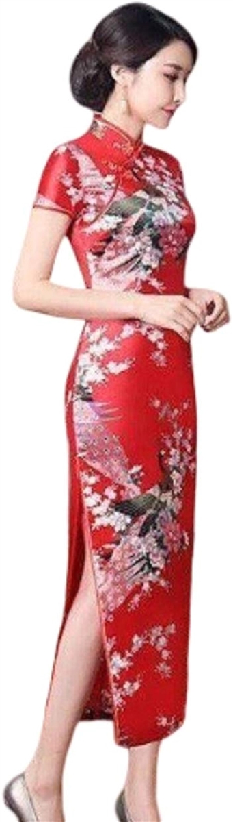 美々杏ロング丈 チャイナドレス サテン つるつる 孔雀と牡丹模様 舞台衣装( 赤,  XL)