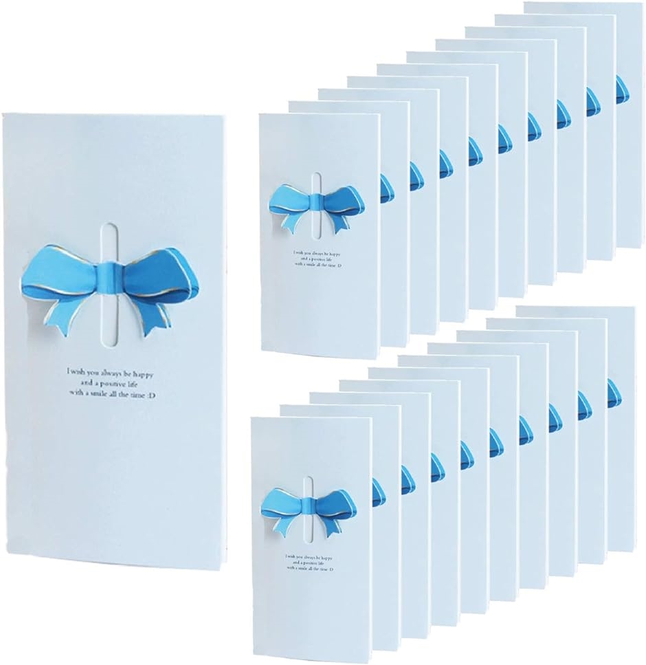 リボン 付 メッセージカード 20枚 席札 披露宴 結婚式 用 グリーティングカード ウェルカム 立体( ブルー)