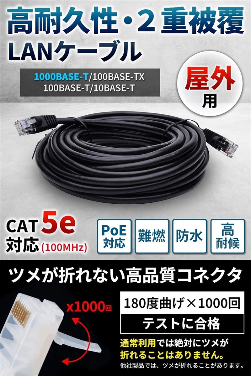 CAT5e 屋外用 LANケーブル 2重被覆 PoE対応 専用ピン付( 20m 改善版