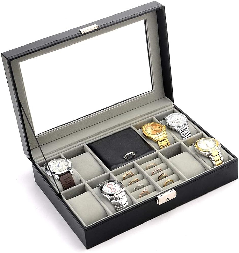 ジュエリー 腕時計 ケース ボックス アクセサリー ウォッチ 8本用 小物入れ 指輪 リング 宝石箱 収納箱 ガラス付き( ブラック)