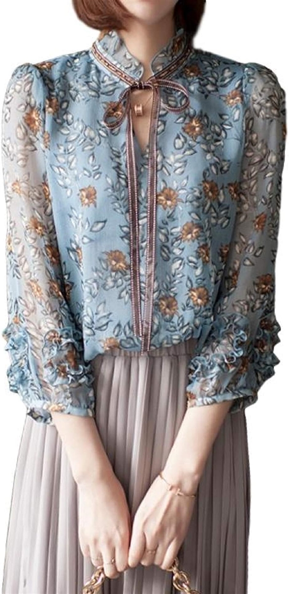 襟リボン と 袖のフリルが可愛い 裏ラメ入り 小花柄 ふんわり シフォン ブラウス 7分袖( ブルー,  02.L（日本サイズM）)