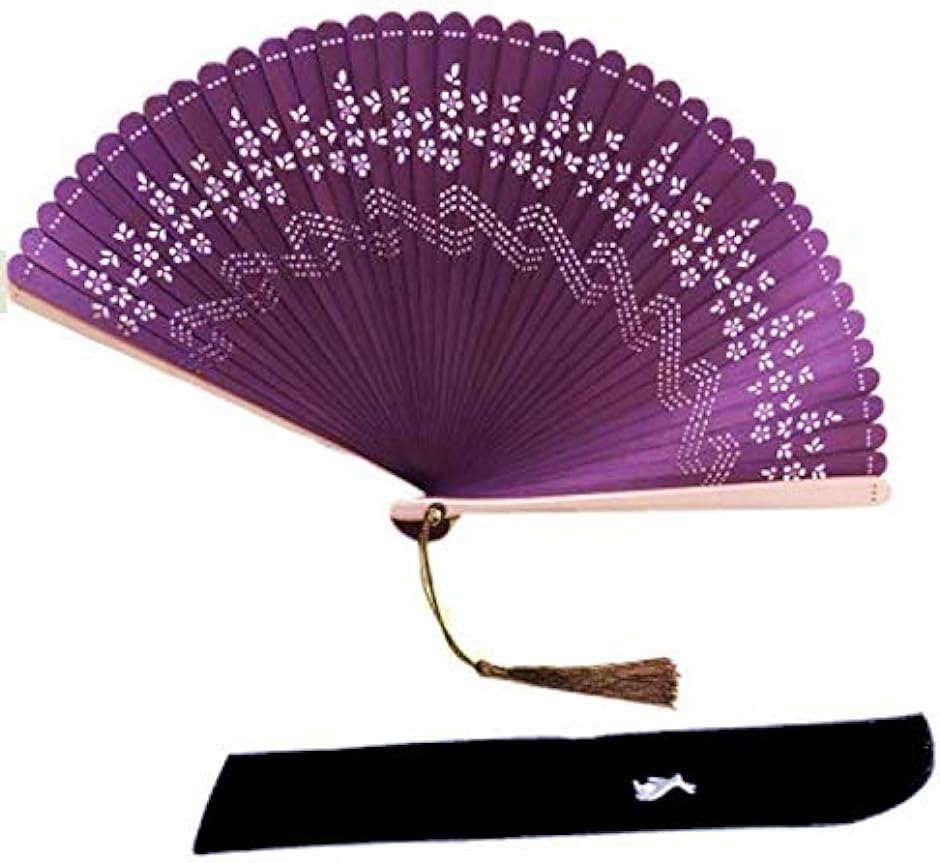 扇子 レディース 透かし彫り 竹製 扇子袋−扇子入れ- 赤紫( レッドパープル,  約32cmx約18cm)