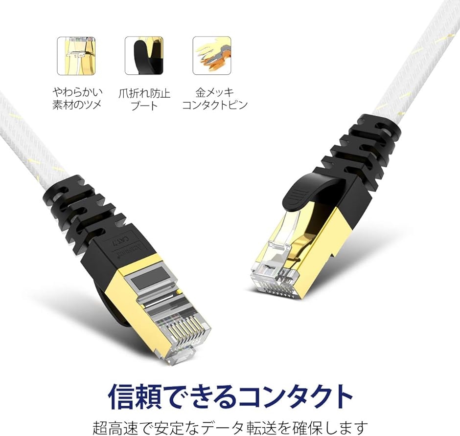 CAT7準拠STP 高速LANケーブル 10Gbps/600MHz RJ45 フラットインターネットケーブル( ホワイト,  10M)｜horikku｜03