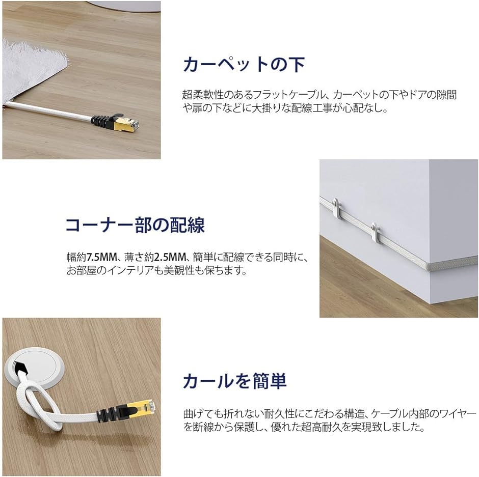 CAT7準拠STP 高速LANケーブル 10Gbps/600MHz RJ45 フラットインターネットケーブル( ホワイト,  10M)｜horikku｜05