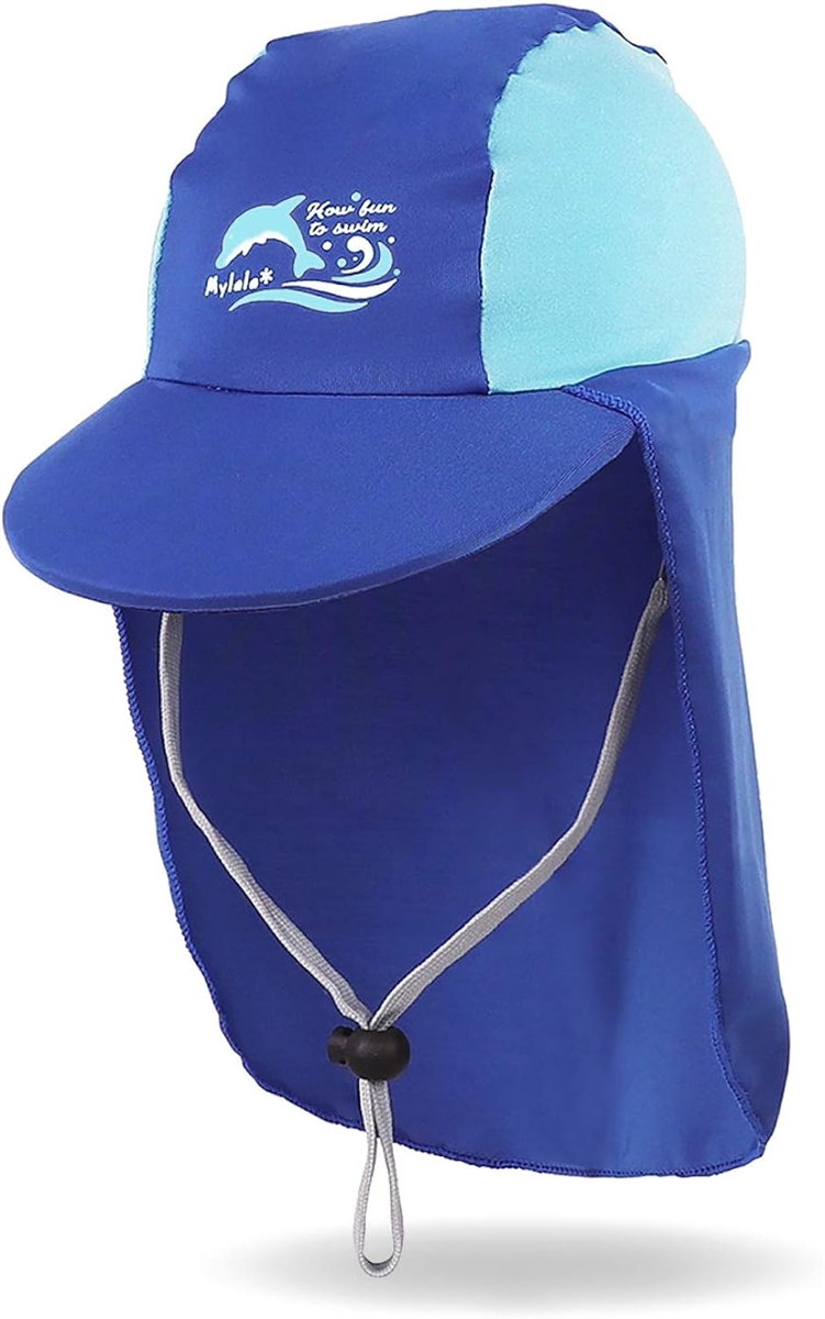 日よけ付き帽子 こども キッズ UV フラップキャップ スイムキャップ 水泳帽 日焼け防止 2-8歳( ブルー,  M)
